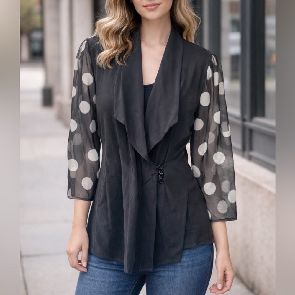 Joseph Ribkoff Black Polka Dot Mesh Sleeve Blazer - Size 6 (approx. M)